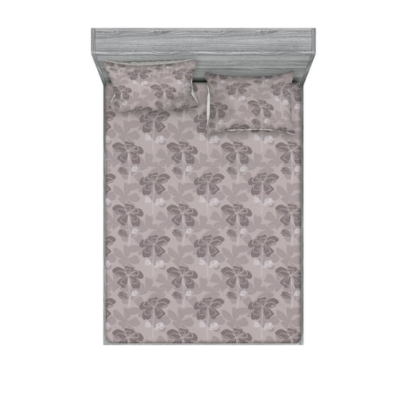 Floral Fitted Sheet & Pillow Sham Set, Flower Pattern with Shadowy Blossoms of the Petals Warm Neutral Colored Print, Decorative Printed 3 Piece Bedding Decor, Queen, Mauve Taupe, by Ambesonne