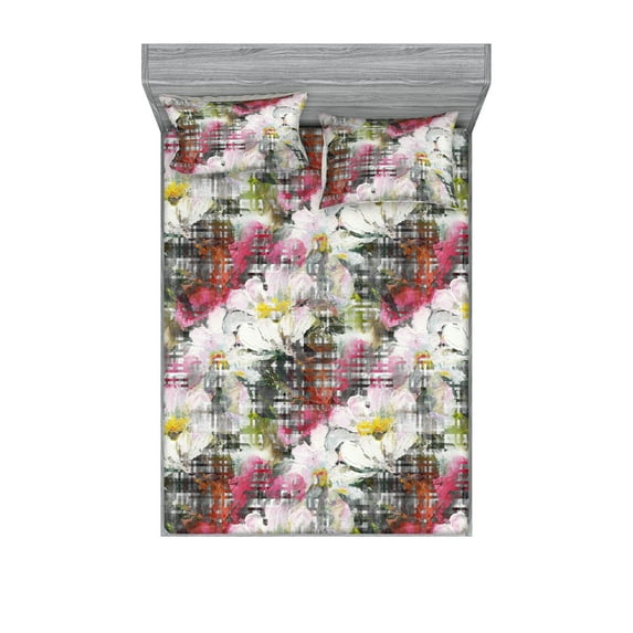 Floral Fitted Sheet & Pillow Sham Set, Flowers of Spring Garden Colorful Watercolor Print on Checkered Plaid Design, Decorative Printed 3 Piece Bedding Decor, Queen, Grey Multicolor, by Ambesonne