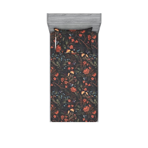 Floral Fitted Sheet & Pillow Sham Set, Garden Concept Continuous Flowers Leaves and Birds Illustration, Decorative Printed 2 Piece Bedding Decor, Twinxl, Dark Coral and Reseda Green, by Ambesonne