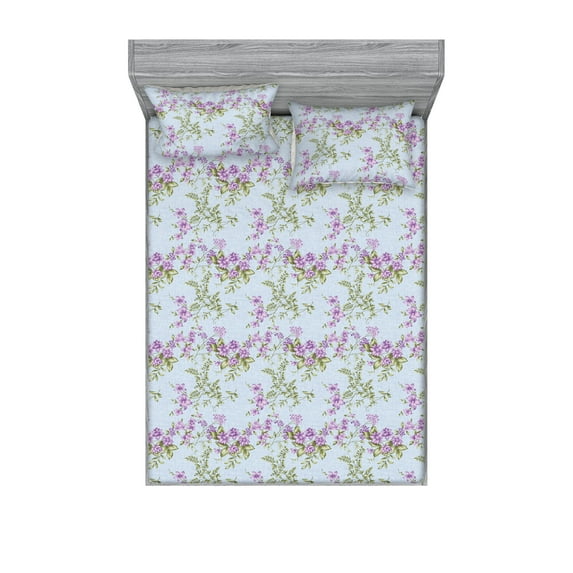 Floral Fitted Sheet & Pillow Sham Set, Garden Inspired Spring Flower and Leaves Illustration on Lattice Like Back, Decorative Printed 3 Piece Bedding Decor, Calking, Soft Blue Lavender, by Ambesonne