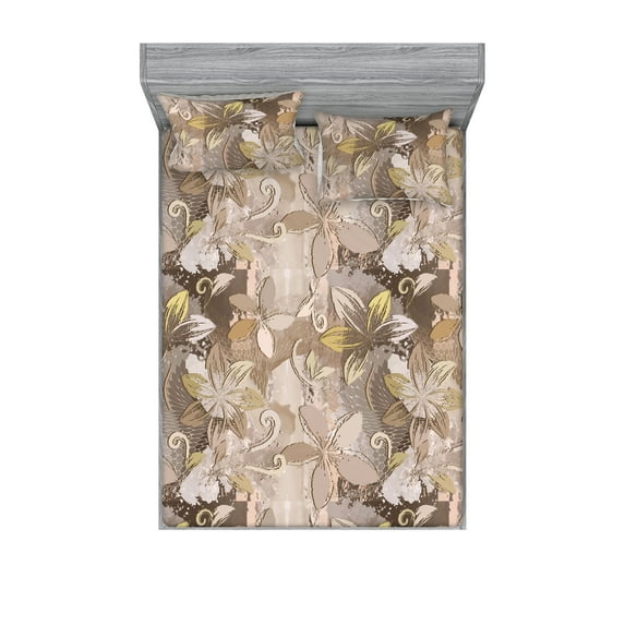 Floral Fitted Sheet & Pillow Sham Set, Grunge Style Retro Feels Flower Silhouettes Pattern on Weathered Backdrop, Decorative Printed 3 Piece Bedding Decor, King, Eggshell and Dark Tan, by Ambesonne