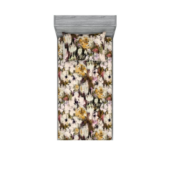 Floral Fitted Sheet & Pillow Sham Set, Grunge Weathered Effect Fine Art Painting Inspired Flowers Artwork, Decorative Printed 2 Piece Bedding Decor, Twin, Champagne Amber and Brown, by Ambesonne