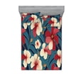 thumbnail image 1 of Floral Fitted Sheet & Pillow Sham Set, Hibiscus Flower Tropical Leaves Jungle Hawaiian Art Bohemian Aloha, Decorative Printed 3 Piece Bedding Decor, Full, Cadet Blue Cream and Ruby, by Ambesonne, 1 of 2