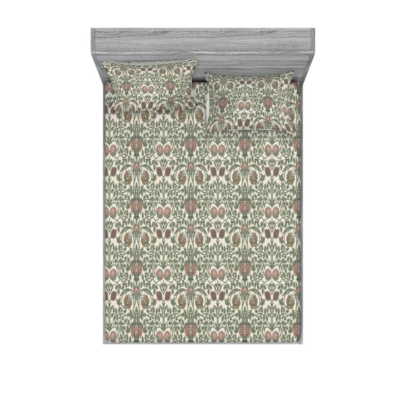 Floral Fitted Sheet & Pillow Sham Set, Historical Themed Ornaments Swirly Branches and Flourishing Flowers, Decorative Printed 3 Piece Bedding Decor, Full, Beige Peacock Green Peach, by Ambesonne