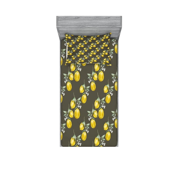 Floral Fitted Sheet & Pillow Sham Set, Lemon Branches with Petals Growth Essence Nature Themed Print, Decorative Printed 4 Piece Bedding Decor Set, Twinxl, Olive Green Yellow, by Ambesonne