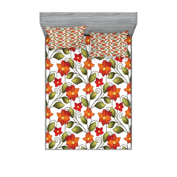 Floral Fitted Sheet & Pillow Sham Set, Lily Blooms Nature Herbs Doodle Style Flower and Foliage Arrangement, Decorative Printed 6 Piece Bedding Decor Set, Full, Olive Green Orange White, by Ambesonne