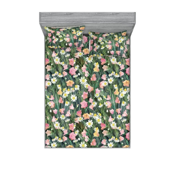 Floral Fitted Sheet & Pillow Sham Set, Meadow Inspired Sunflower and Bluebell Drawing With Foliage Pattern, Decorative Printed 3 Piece Bedding Decor, Queen, Fern Green Rose and Yellow, by Ambesonne