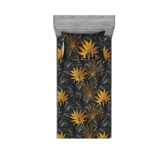 Floral Fitted Sheet & Pillow Sham Set, Minimalist Line Art Tropical Leaves Pattern Retro Exotics Leaf Print, Decorative Printed 2 Piece Bedding Decor, Twin, Marigold and Dark Grey, by Ambesonne