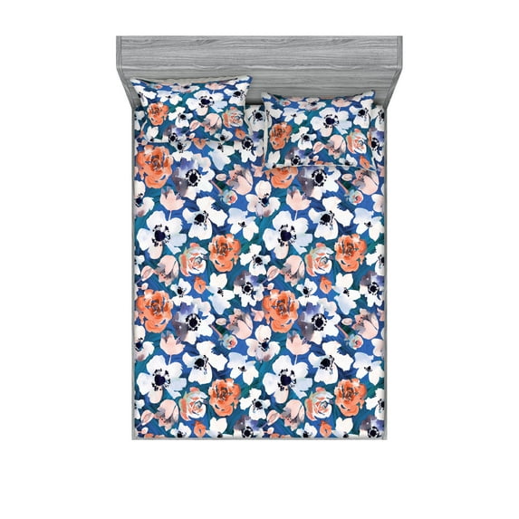 Floral Fitted Sheet & Pillow Sham Set, Modern Flourishes Style Nature Inspired Flower Petals Watercolor Pattern Print, Decorative Printed 3 Piece Bedding Decor, King, Dark Teal Orange, by Ambesonne