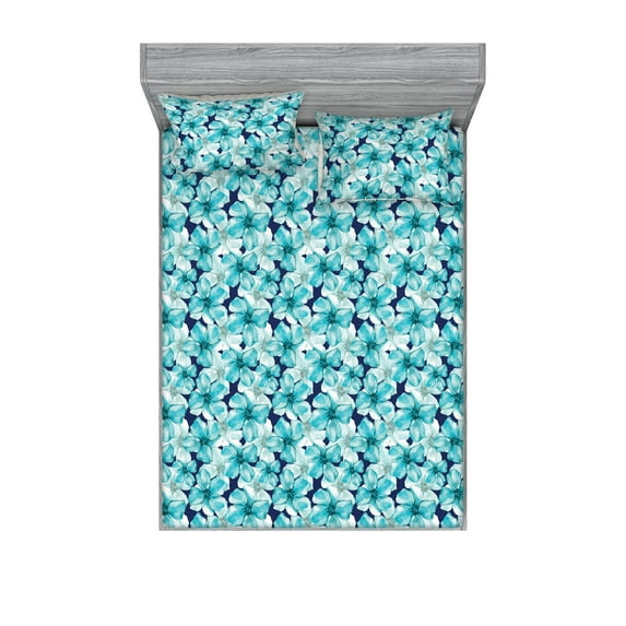 Floral Fitted Sheet & Pillow Sham Set, Nature Art in Watercolor Aquatic Blossoms with Summer Petals Repetition, Decorative Printed 3 Piece Bedding Decor, Queen, Indigo and Turquoise, by Ambesonne