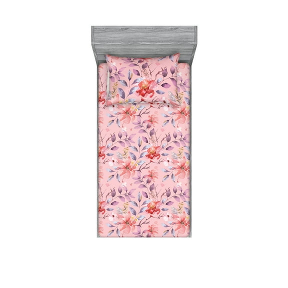 Floral Fitted Sheet & Pillow Sham Set, Nature Theme Garden Inspired Oil Painting Like Flower Pattern Art, Decorative Printed 2 Piece Bedding Decor, Twin, Rose Mauve and Burnt Sienna, by Ambesonne