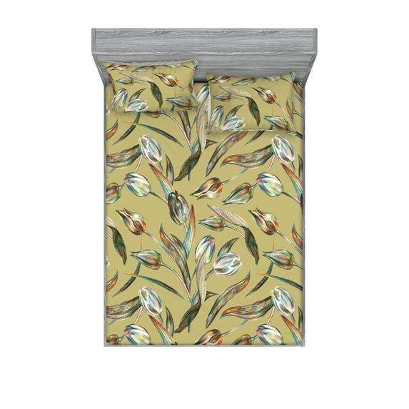 Floral Fitted Sheet & Pillow Sham Set, Nature Themed Painting Style Flower Sketches With Leaves Vintage Print, Decorative Printed 3 Piece Bedding Decor, Queen, Pale Khaki Multicolor, by Ambesonne