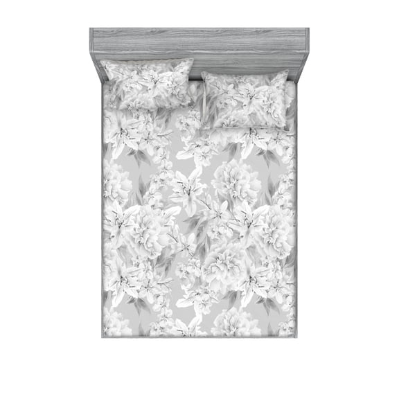 Floral Fitted Sheet & Pillow Sham Set, Neutral Design of Spring Inspired Garden Flowers Muted Tones Vintage Feels, Decorative Printed 3 Piece Bedding Decor, Queen, Pale Grey and White, by Ambesonne