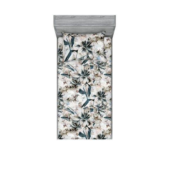Floral Fitted Sheet & Pillow Sham Set, Neutral Pastel Grunge Abstract Pattern with Blossoming Lily Flowers, Decorative Printed 2 Piece Bedding Decor, Twinxl, Dark Tan and Slate Blue, by Ambesonne