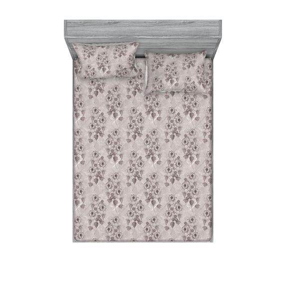 Floral Fitted Sheet & Pillow Sham Set, Nostalgic Sketch of Flowers Vintage Style Romantic Weathered Print, Decorative Printed 3 Piece Bedding Decor, Full, Pale Taupe and Dark Eggshell, by Ambesonne