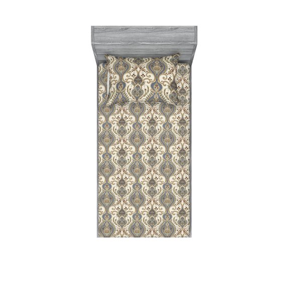 Floral Fitted Sheet & Pillow Sham Set, Oriental Vibe Traditional Style Flower Artwork on Cream Colored Back, Decorative Printed 2 Piece Bedding Decor, Twin, Ceil Blue Chestnut Brown, by Ambesonne