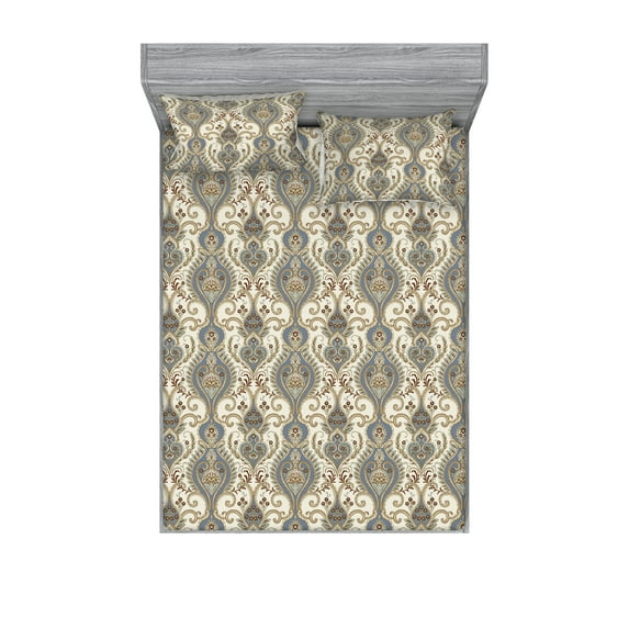 Floral Fitted Sheet & Pillow Sham Set, Oriental Vibe Traditional Style Flower Artwork on Cream Colored Back, Decorative Printed 3 Piece Bedding Decor, King, Ceil Blue Chestnut Brown, by Ambesonne