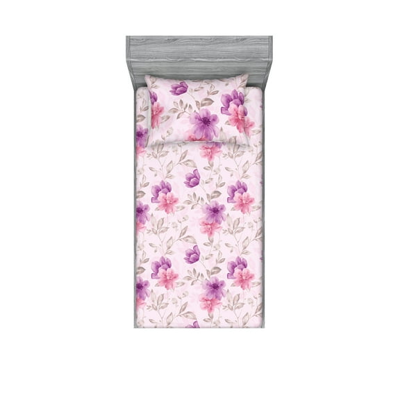 Floral Fitted Sheet & Pillow Sham Set, Pastel Colored Design Botanical Pattern of Soft Flowers Vintage Leaves, Decorative Printed 2 Piece Bedding Decor, Twin, Pale Rose Purple Blush, by Ambesonne