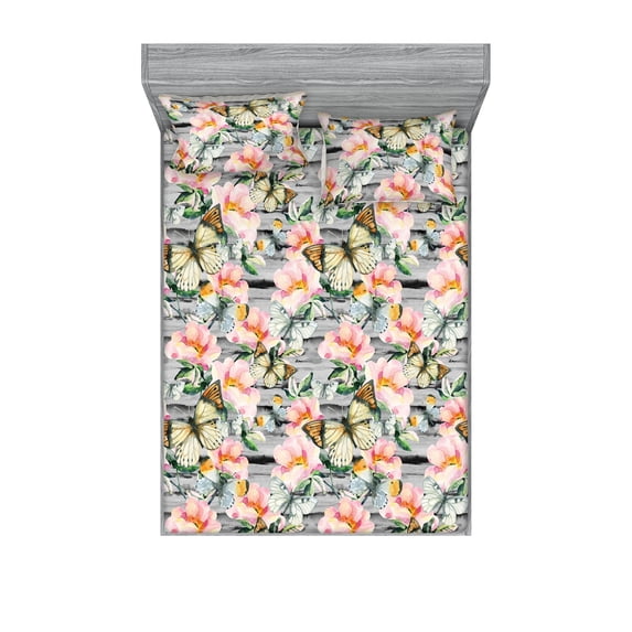 Floral Fitted Sheet & Pillow Sham Set, Pastel Colored Spring Flowers with Watercolor Butterflies on Rustic Back, Decorative Printed 3 Piece Bedding Decor, Full, Grey and Multicolor, by Ambesonne