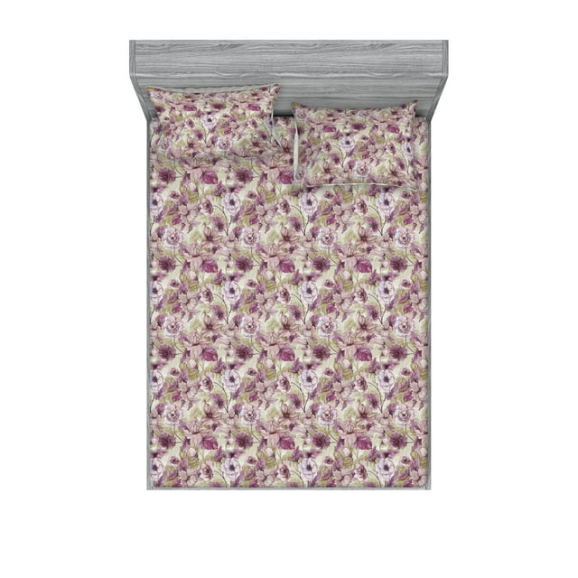Floral Fitted Sheet & Pillow Sham Set, Pastel Colors with Watercolor Effect Forest Flowers Blooming With Leaf Print, Decorative Printed 3 Piece Bedding Decor, Queen, Reseda Green Lilac, by Ambesonne