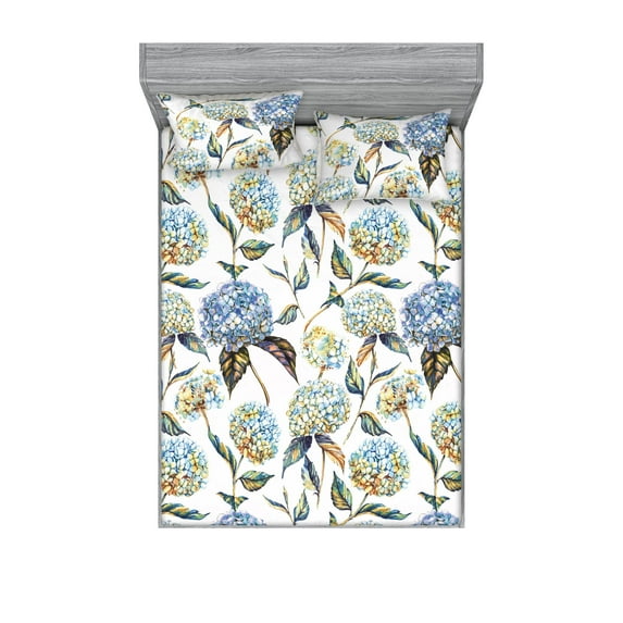 Floral Fitted Sheet & Pillow Sham Set, Pattern of Hydrangea Flowers Watercolor Design Summer and Spring Concept, Decorative Printed 3 Piece Bedding Decor, Calking, Lavender and Sky Blue, by Ambesonne