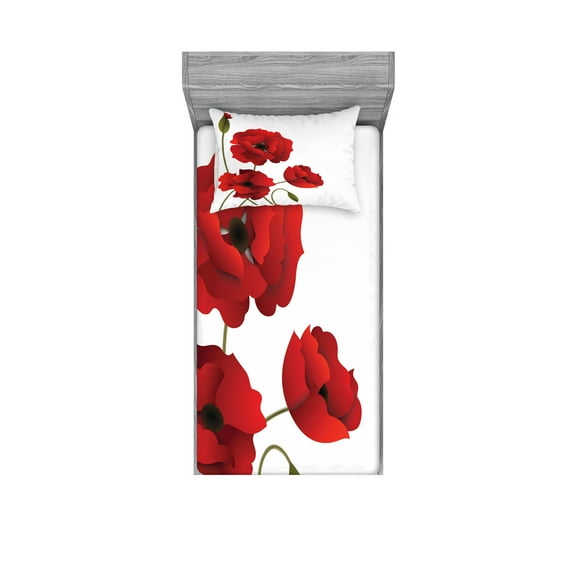 Floral Fitted Sheet & Pillow Sham Set, Poppy Flowers Vivid Petals Buds Pastoral Purity Mother Earth Nature Design, Decorative Printed 4 Piece Bedding Decor Set, Twinxl, Red Green, by Ambesonne