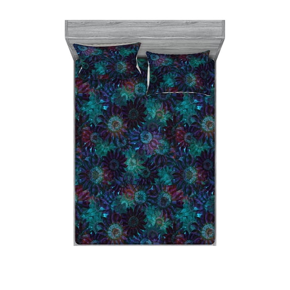 Floral Fitted Sheet & Pillow Sham Set, Psychedelic Style Illusion Like Digital Drawn Flower Pattern Print Artwork, Decorative Printed 3 Piece Bedding Decor, Calking, Indigo Laurel Green, by Ambesonne