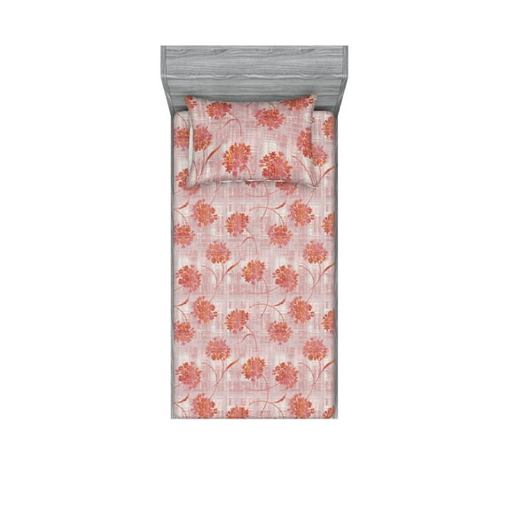 Floral Fitted Sheet & Pillow Sham Set, Repetitive Silhouettes of Circular Flowers with Leaves Illustration, Decorative Printed 2 Piece Bedding Decor, Twinxl, Dried Rose Blush and Pink, by Ambesonne