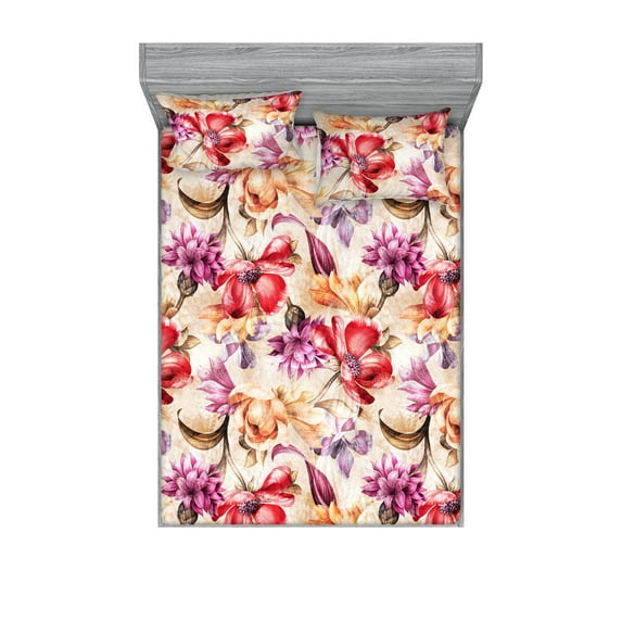 Floral Fitted Sheet & Pillow Sham Set, Retro Concept Flowers Wild Botanical Garden Colorful Design Print, Decorative Printed 3 Piece Bedding Decor, King, Peach Fuchsia and Dark Coral, by Ambesonne