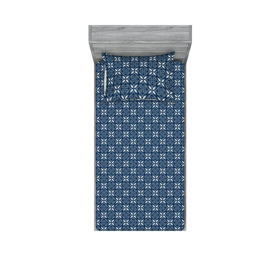 Floral Fitted Sheet & Pillow Sham Set, Retro Flowers Mesh Grid Ornament with Geometric Vintage Shapes on Navy Tone, Decorative Printed 2 Piece Bedding Decor, Twin, Night Blue White, by Ambesonne
