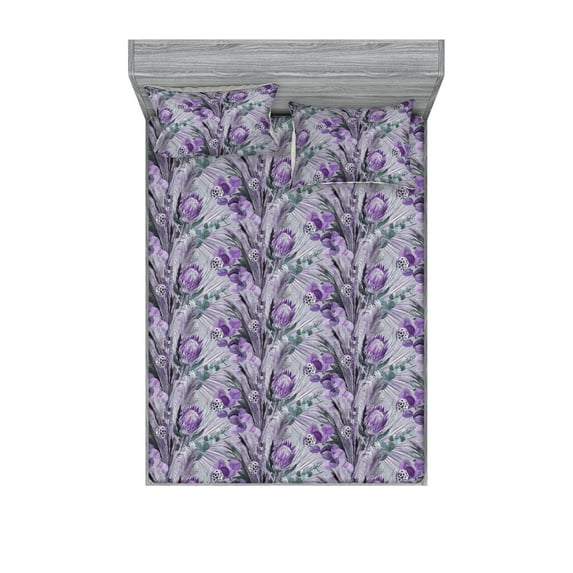 Floral Fitted Sheet & Pillow Sham Set, Retro Style Watercolor Design Meadow Bloom Leaves Vintage Exotics, Decorative Printed 3 Piece Bedding Decor, King, Violet Mauve and Grey Teal, by Ambesonne
