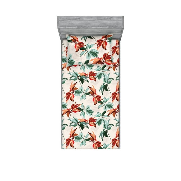 Floral Fitted Sheet & Pillow Sham Set, Retro Themed Ornament of Botanical Exotic Leaves Tropical Palms Print, Decorative Printed 2 Piece Bedding Decor, Twin, Pale Rust Seafoam Emerald, by Ambesonne