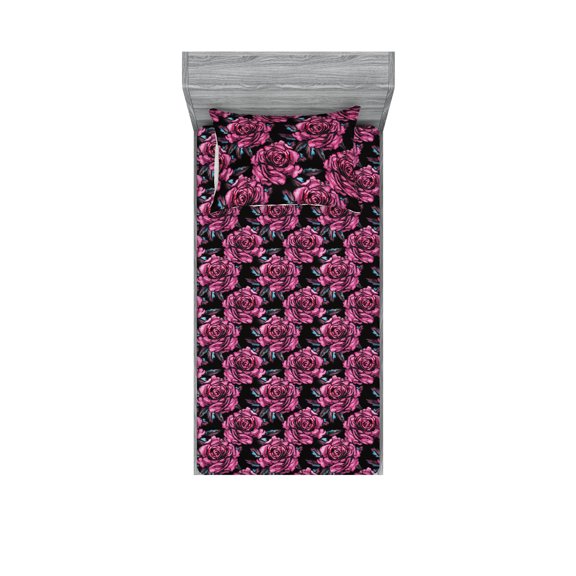 Floral Fitted Sheet & Pillow Sham Set, Romantic English Garden Bloom of Roses on Dark Colored Background, Decorative Printed 2 Piece Bedding Decor, Twinxl, Pastel Pink and Pale Blue, by Ambesonne