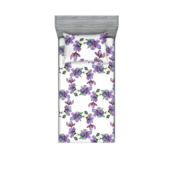 Floral Fitted Sheet & Pillow Sham Set, Romantic Geranium Flowers Watercolor Spring Forest Branch Ornament, Decorative Printed 2 Piece Bedding Decor, Twinxl, Green Pale Purple and White, by Ambesonne