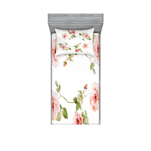 Floral Fitted Sheet & Pillow Sham Set, Romantic Rose Flower Petals Shabby Form Love Blooms Botanical Design, Decorative Printed 4 Piece Bedding Decor Set, Twin, Reseda Green Peach Coral, by Ambesonne