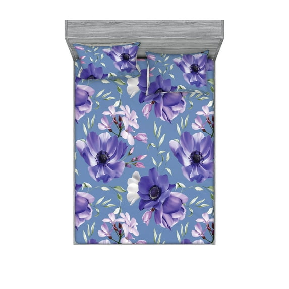 Floral Fitted Sheet & Pillow Sham Set, Romantic Style Botanical Concept Flowers Garden Concept Ornaments Motif, Decorative Printed 3 Piece Bedding Decor, Queen, Cadet Blue and Violet, by Ambesonne