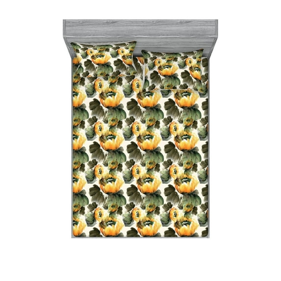 Floral Fitted Sheet & Pillow Sham Set, Romantic Style Garden Theme Watercolor Botanical Blossoms Print, Decorative Printed 3 Piece Bedding Decor, Calking, Olive Green and Earth Yellow, by Ambesonne