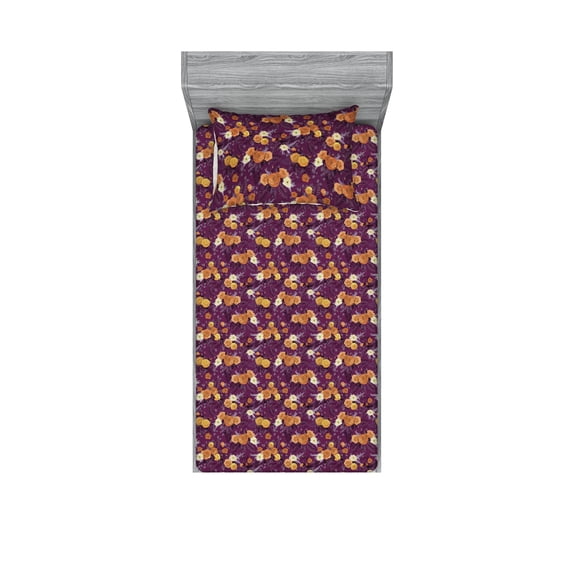 Floral Fitted Sheet & Pillow Sham Set, Roses and Chamomile Bouquete for a Lover Romantic Style of Art With Leaves, Decorative Printed 2 Piece Bedding Decor, Twin, Plum Pale Cinnamon, by Ambesonne