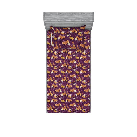 Floral Fitted Sheet & Pillow Sham Set, Roses and Chamomile Bouquete for a Lover Romantic Style of Art With Leaves, Decorative Printed 2 Piece Bedding Decor, Twinxl, Plum Pale Cinnamon, by Ambesonne