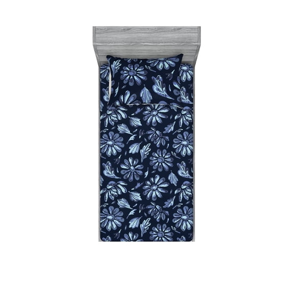 Floral Fitted Sheet & Pillow Sham Set, Simplistic Design Daisy Flowers and Leaves Chamomile Ornaments on Dark Back, Decorative Printed 2 Piece Bedding Decor, Twinxl, Ceil Blue Indigo, by Ambesonne