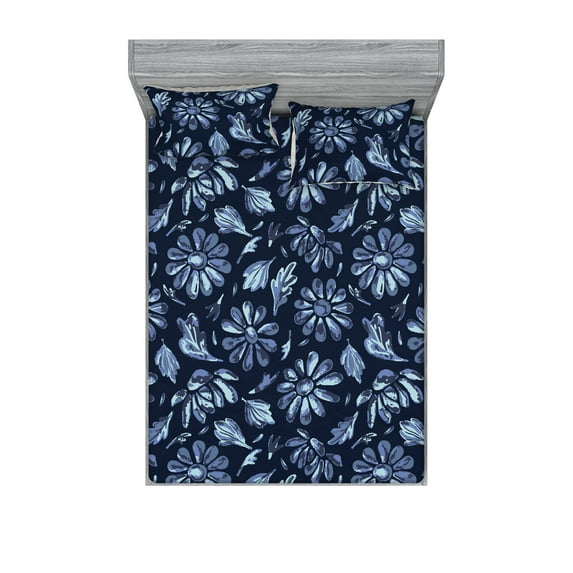 Floral Fitted Sheet & Pillow Sham Set, Simplistic Design Daisy Flowers and Leaves Chamomile Ornaments on Dark Back, Decorative Printed 3 Piece Bedding Decor, Full, Ceil Blue Indigo, by Ambesonne