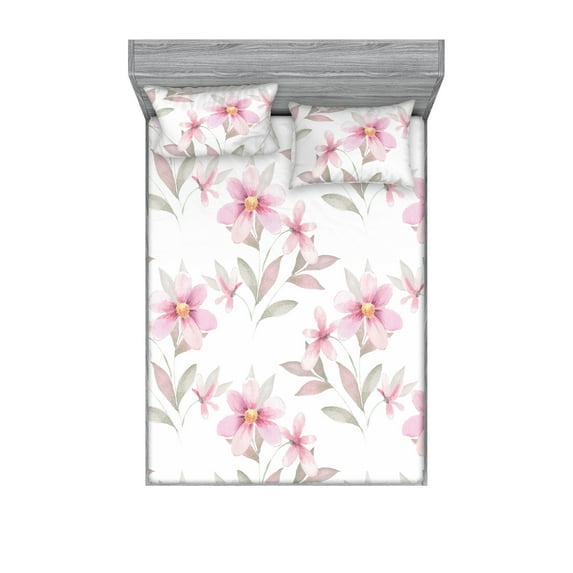 Floral Fitted Sheet & Pillow Sham Set, Soft Floral Garden with Tender Watercolor Flowers and Leaves Print, Decorative Printed 3 Piece Bedding Decor, Queen, Pastel Pink and Sage Green, by Ambesonne