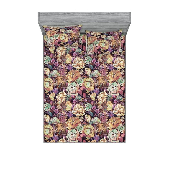 Floral Fitted Sheet & Pillow Sham Set, Spring Flowers Blooming Garden of Nature with Mauve and Minty Color Details, Decorative Printed 3 Piece Bedding Decor, Queen, Dark Purple Amber, by Ambesonne