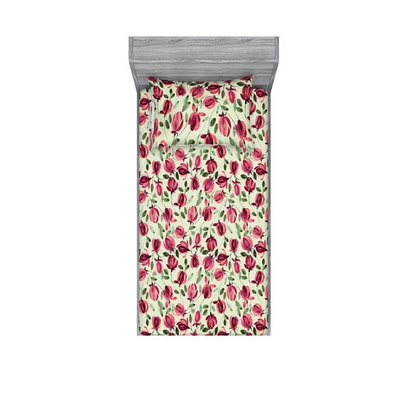 Floral Fitted Sheet & Pillow Sham Set, Spring Nature Style Watercolor Like Blossoming Pattern Print, Decorative Printed 2 Piece Bedding Decor, Twin, Pistachio Green and Dark Pink, by Ambesonne