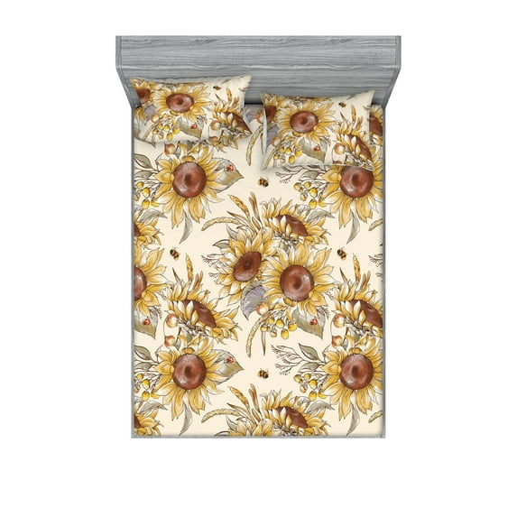 Floral Fitted Sheet & Pillow Sham Set, Summer Bloom Sunflower Pattern with Bees and Ladybugs Vintage Art, Decorative Printed 3 Piece Bedding Decor, Calking, Chocolate Mustard and Cream, by Ambesonne