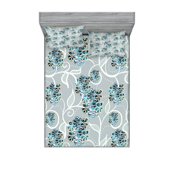 Floral Fitted Sheet & Pillow Sham Set, Swirls Daisy Flower Bouquets Beauty Exquisite Flourishing Nature Essence, Decorative Printed 6 Piece Bedding Decor Set, Full, Sky Blue Grey Apricot, by Ambesonne