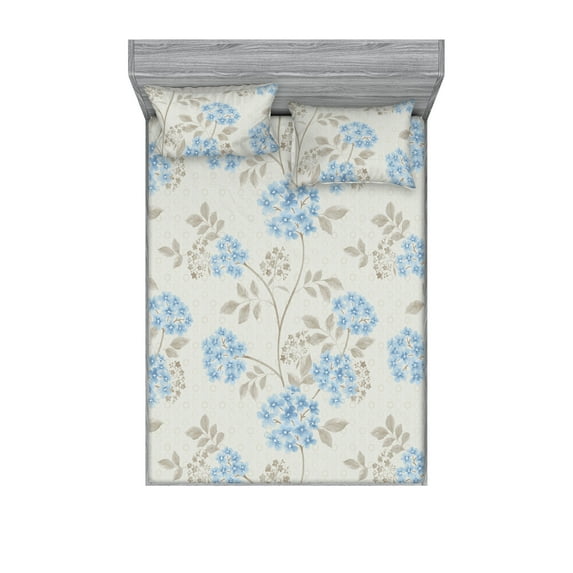 Floral Fitted Sheet & Pillow Sham Set, Traditional Vibe Digital Blossom Illustration With Round Ornament, Decorative Printed 3 Piece Bedding Decor, Full, Pale Azure Blue and Grey Teal, by Ambesonne