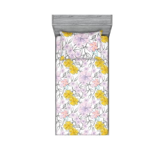 Floral Fitted Sheet & Pillow Sham Set, Tropical Hibiscus Flowers Hawaiian Themed Ornamental Sketch Drawing, Decorative Printed 2 Piece Bedding Decor, Twin, Mustard Lavender and Grey, by Ambesonne