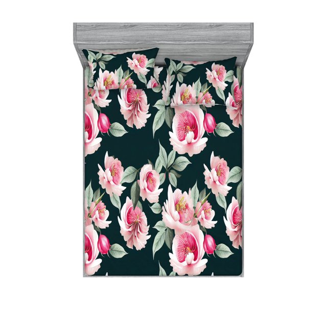 Floral Fitted Sheet & Pillow Sham Set, Unopened Buds of Roses Lovers Flower Blossoming Spring Season Artwork, Decorative Printed 3 Piece Bedding Decor, Queen, Laurel Green Pale Pink, by Ambesonne