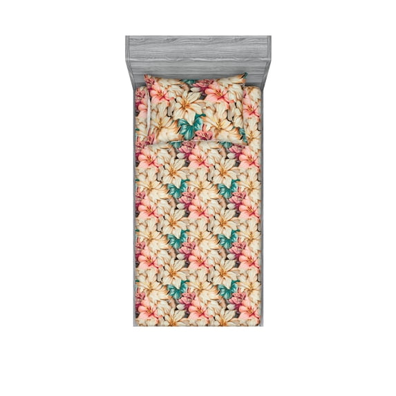 Floral Fitted Sheet & Pillow Sham Set, VIntage Flower Pattern Lily Like Blossoms Watercolor Effect Pastel Tone, Decorative Printed 2 Piece Bedding Decor, Twinxl, Almond Rose Turquoise, by Ambesonne